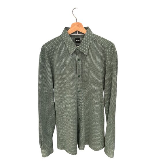 Hugo Boss Slim Fit Mens Green Button-Down Shirt W/ Micro Dot Pattern Long-Sleeve - Picture 1 of 8